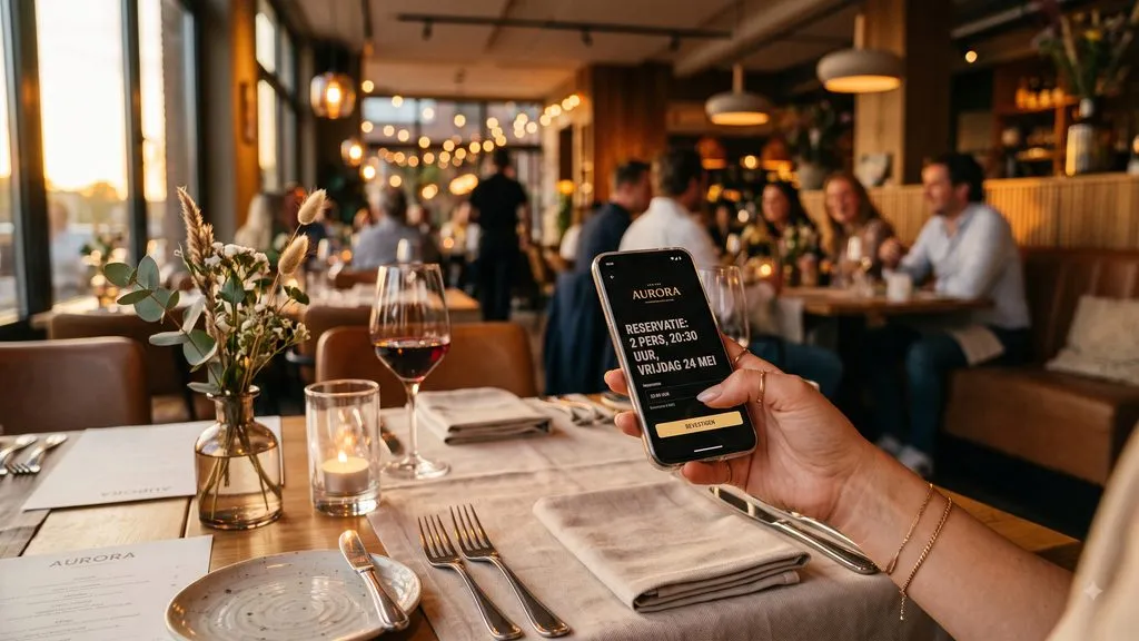 Gast bevestigt een tafelreservering op een telefoon aan een gedekte tafel in een restaurant