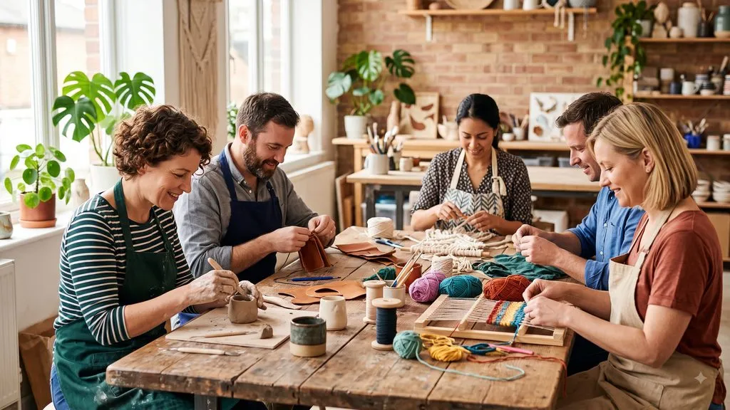 Deelnemers aan een creatieve workshop werken samen aan een houten tafel met keramiek, leer en textiel