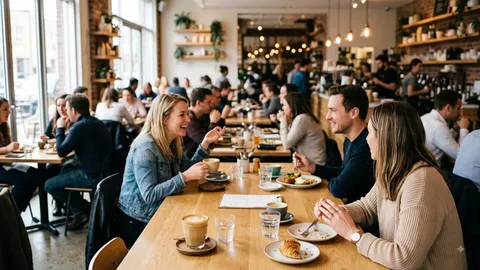 Druk café met gedeelde tafels, gasten aan de koffie en lunch bij daglicht