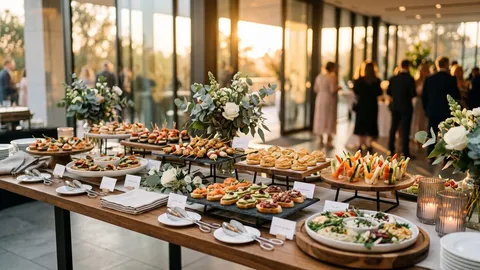 Verzorgd cateringbuffet met hapjes op schalen, klaargezet voor een gezelschap bij zonsondergang